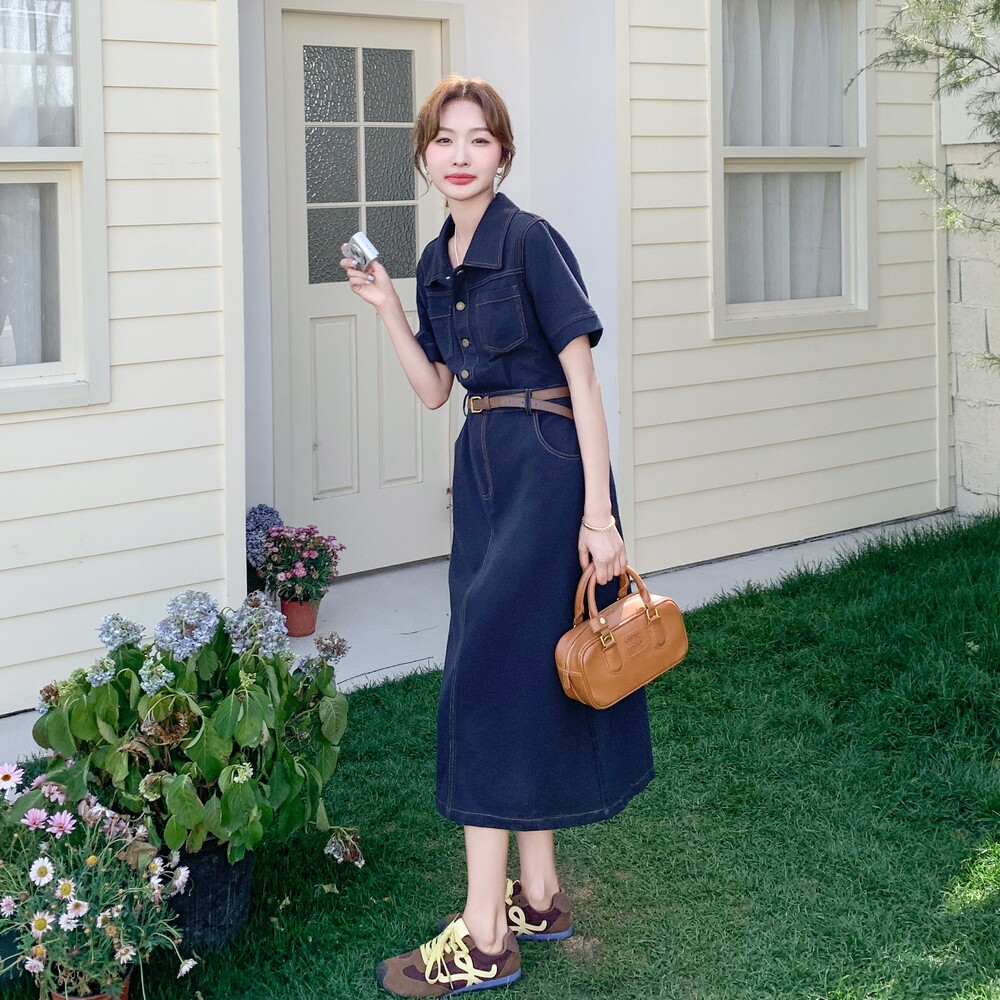 复古polo领牛仔连衣裙女2025夏季新款收腰显瘦小个子短袖衬衫裙子,女装连衣裙,2C153