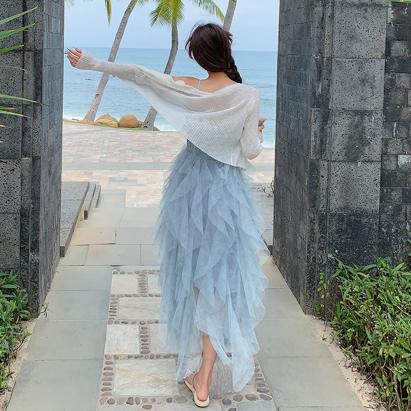 蓝色抹胸吊带网纱连衣裙女2025夏季新款海边度假风收腰绝美仙女裙,女装连衣裙,2C153