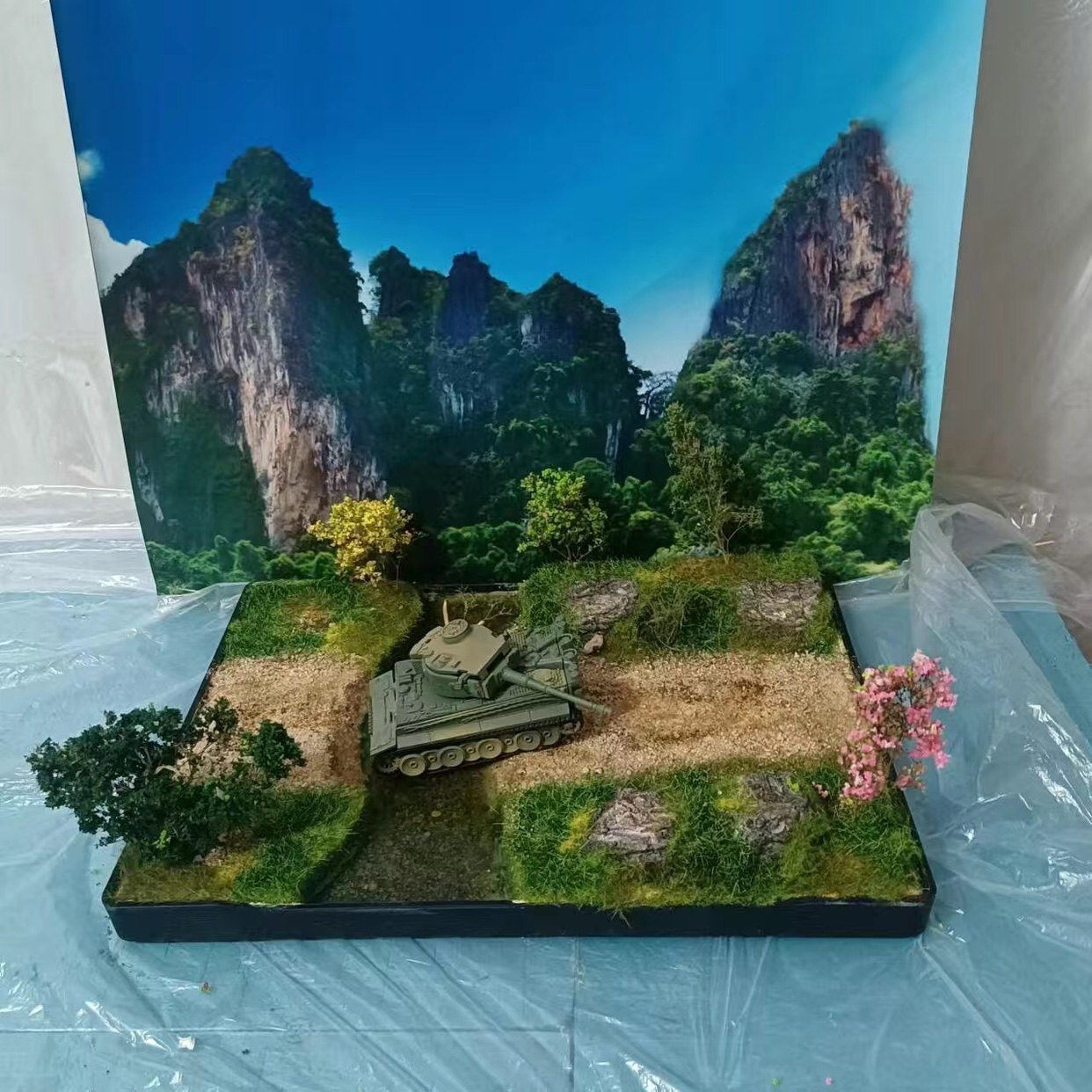 微景观沙盘车模兵人模型摆放场景地台山水风景成品可定制