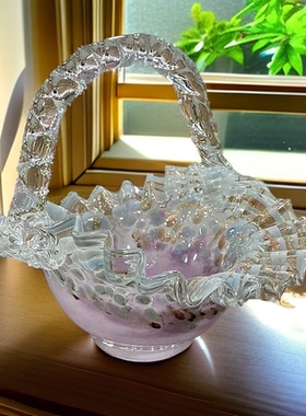 S中古芬顿手工花点紫琉璃提篮果盘鲜花干花花瓶桌面装饰家居摆件