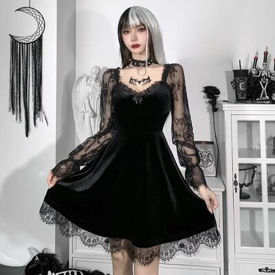 Gothic欧美暗黑哥特女装蕾丝拼接显胸长袖荷叶边收腰显瘦连衣裙
