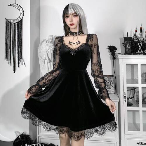 Gothic欧美暗黑哥特女装蕾丝拼接显胸长袖荷叶边收腰显瘦连衣裙