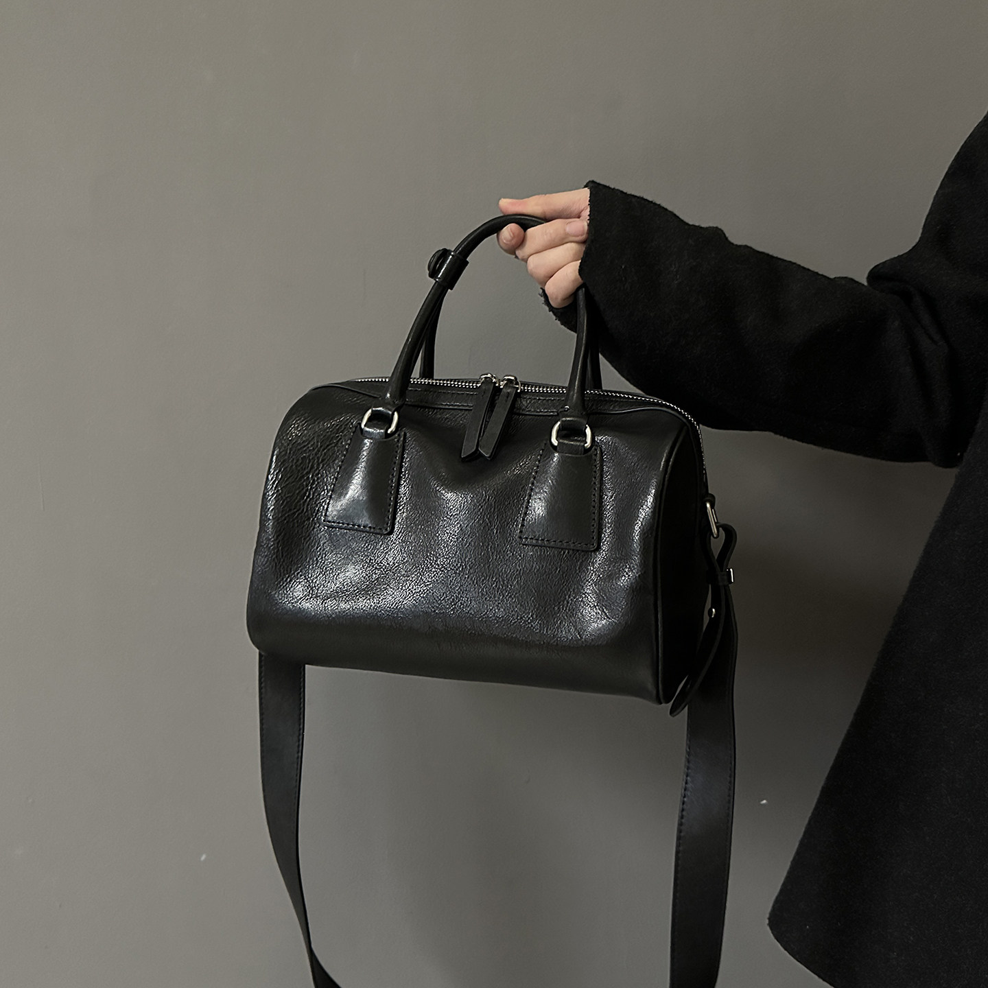 高阶植鞣头层牛皮波士顿枕头包大号真皮女包极简大容量手提斜挎包