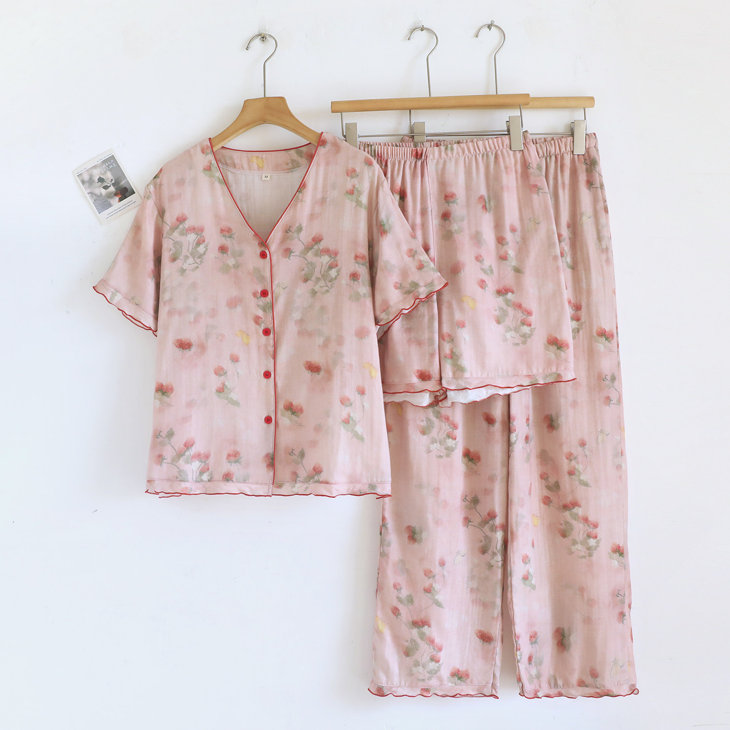甜美碎花V领睡衣女夏纯棉纱布粉色草莓短袖短裤长裤家居服三件套