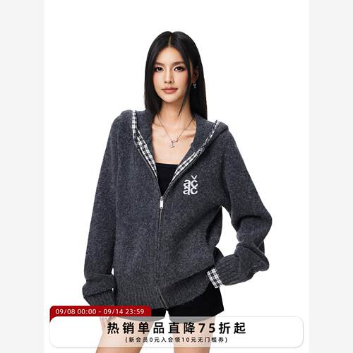 【Achock官方店】简约连帽毛衣宽松慵懒风针织衫拼格情侣外套