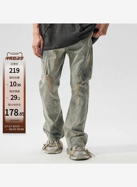 新因素复古牛仔裤做旧折条网纱破洞线条分割设计宽松直筒裤子男款