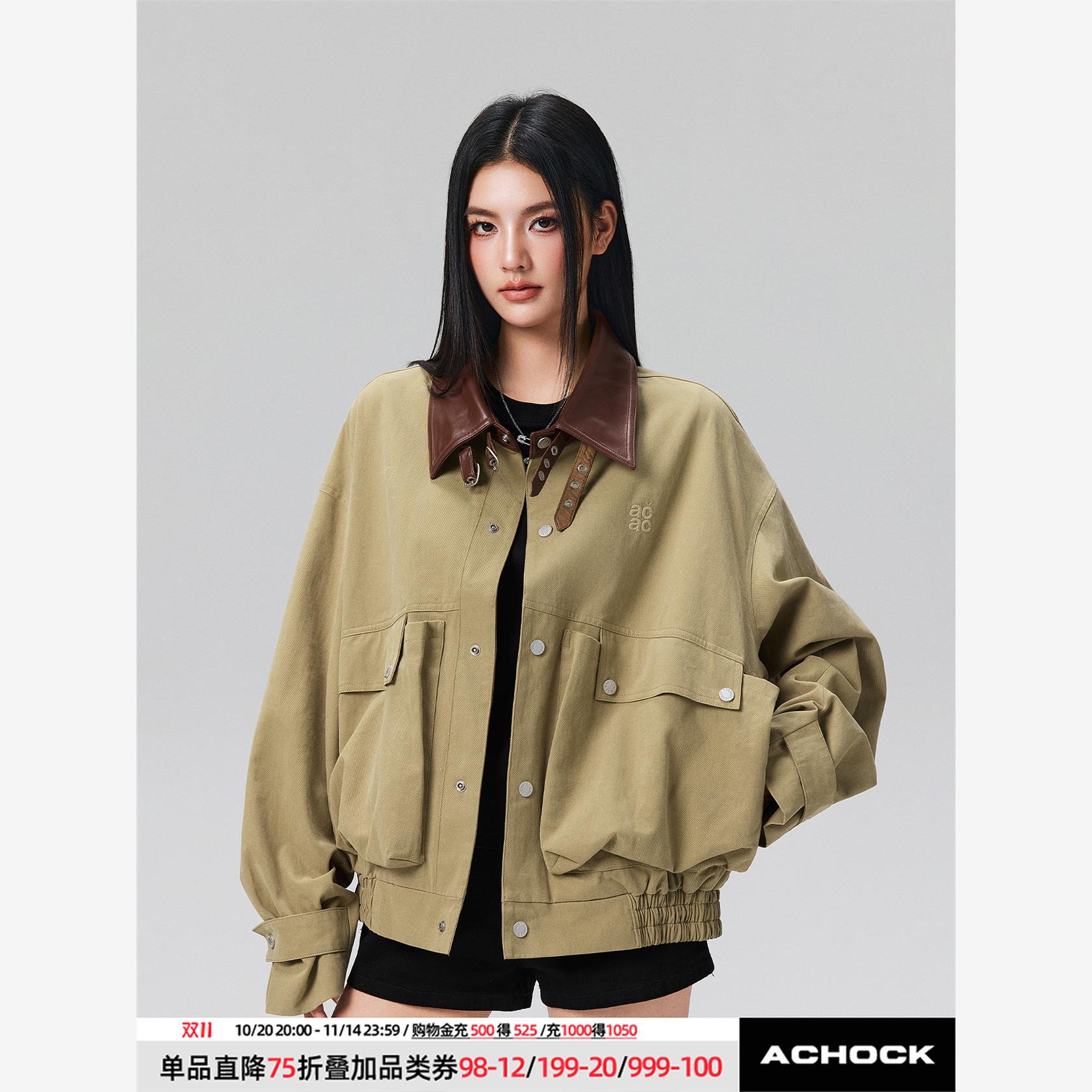 【Achock官方店】复古大口袋pu皮拼接工装外套秋冬防风短款夹克男图片