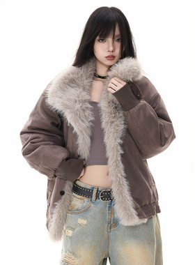 NKAOL座山雕毛领连帽棉服外套女冬季中性高级感加厚毛绒棉衣