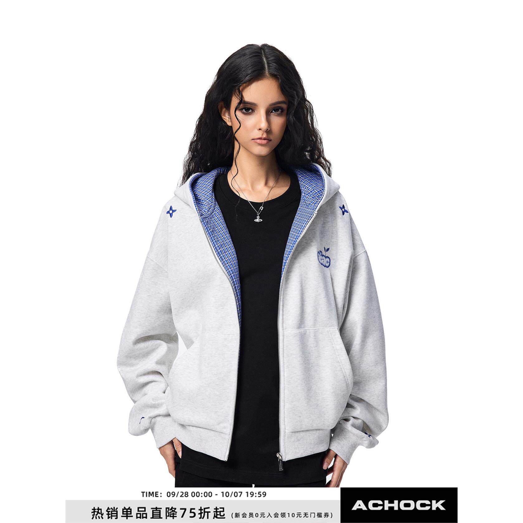 【Achock官方店】美式复古新款格子拼接开衫外套潮牌重磅情侣卫衣