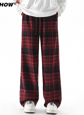 VIISHOW港风复古格子休闲长裤男秋宽松潮牌百搭撞色阔腿直筒裤子