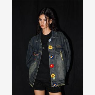 【Achock官方店】美式复古牛仔夹克创意花朵纽扣做旧刺绣牛仔外套