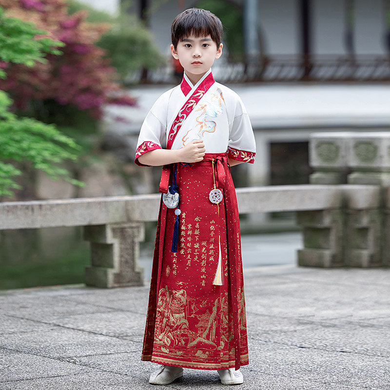 儿童马面裙男童汉服2026短袖薄款小男孩中国风帅气古装春秋演出服