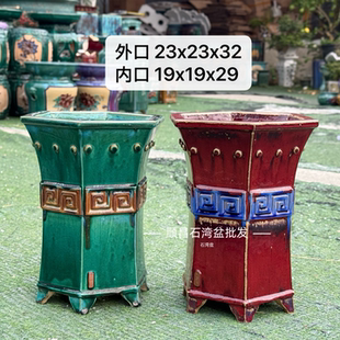 石湾盆六角收腰兰花盆四方鼓丁兽头冰裂釉盆景盆高款