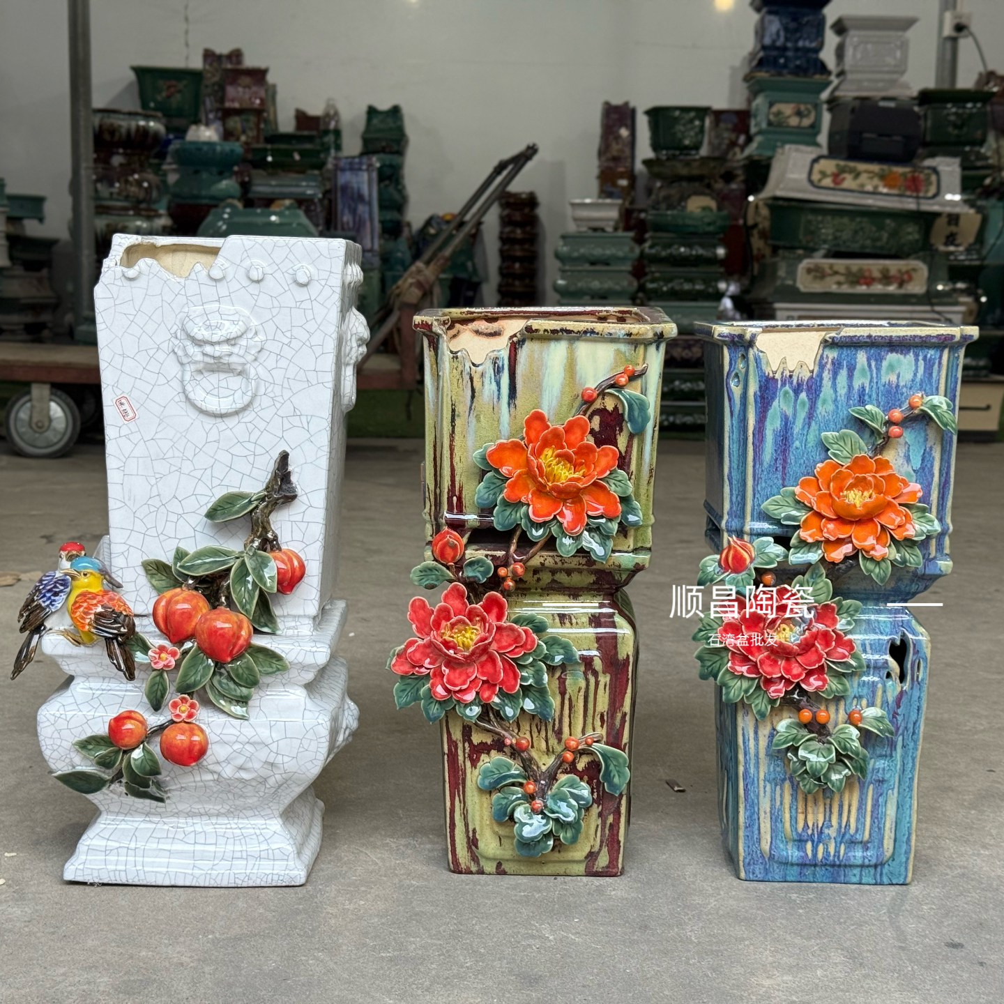 石湾盆异形方盆圆盆手工贴花粗陶兰花盆景多肉花盆高款花盆