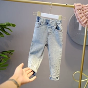 Mùa thu 2019 quần áo trẻ em mới Han Fan girl quần jeans khoan nóng Slim quần cạp cao cạp cao quần chín điểm quần - Quần jean