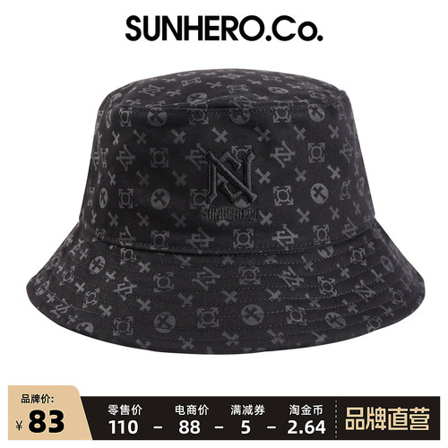 sunhero美潮老复古印花黑色渔夫帽男女轻奢老花欧美大牌遮阳盆帽