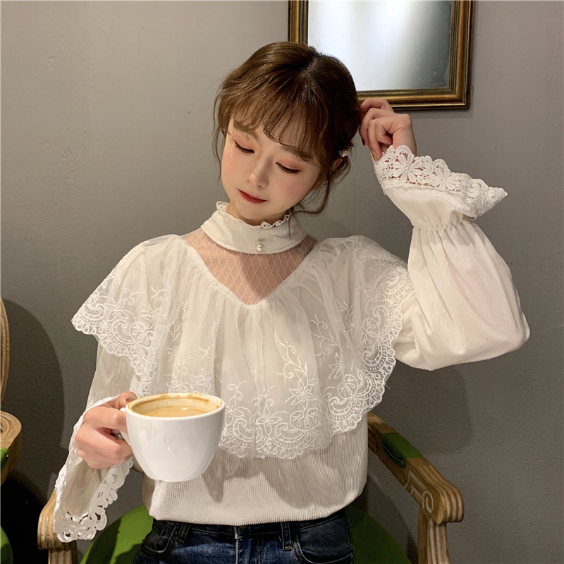秋冬女装韩版蕾丝荷叶边拼接丝绒假两件半高领长袖打底衫甜美上衣