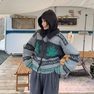 现货~秋冬雪花提花设计感 复古重工拼色叶子针织宽松厚实毛衣外套
