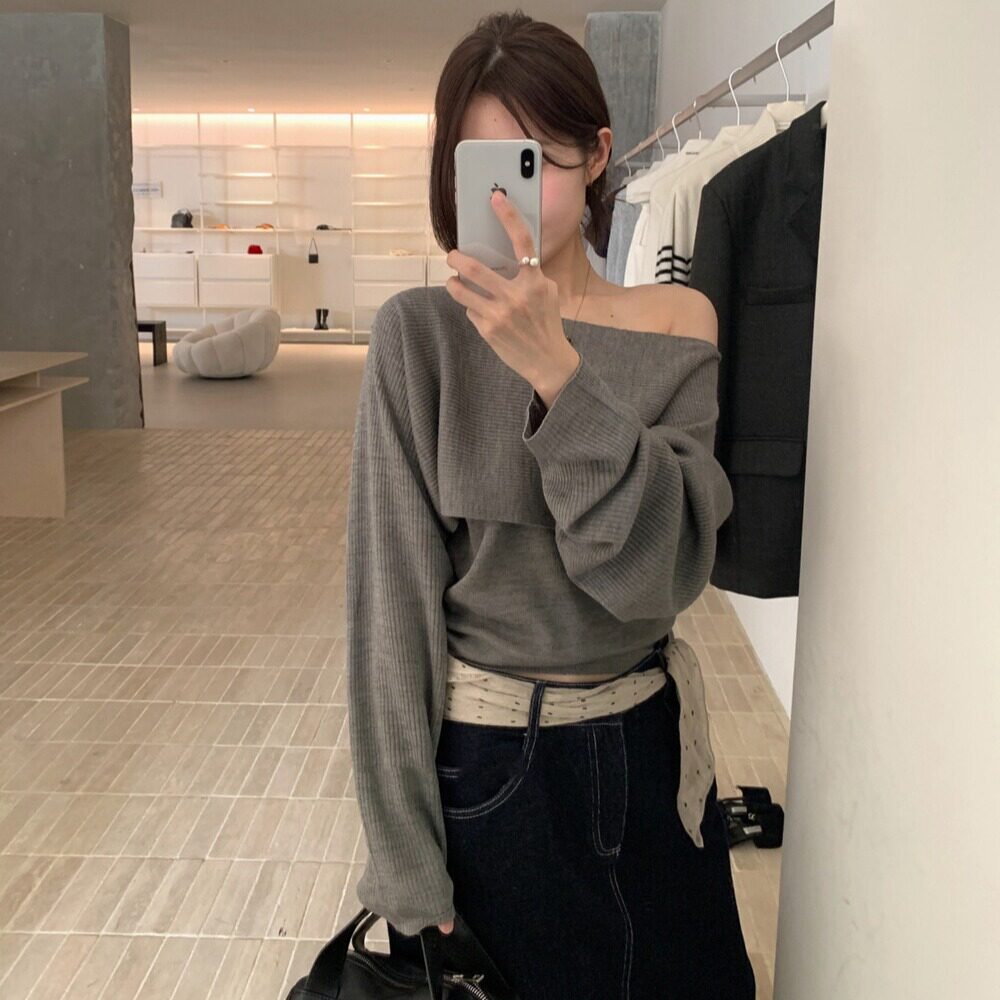 PPSHD|ins韩系一字肩蝙蝠袖毛衣女长袖斜肩针织衫松弛感两件套