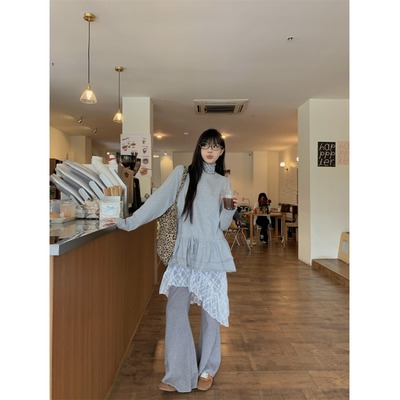 PPSHD韩系设计感娃娃领高领打底衫波点上衣+蕾丝屁帘假两件裤子女