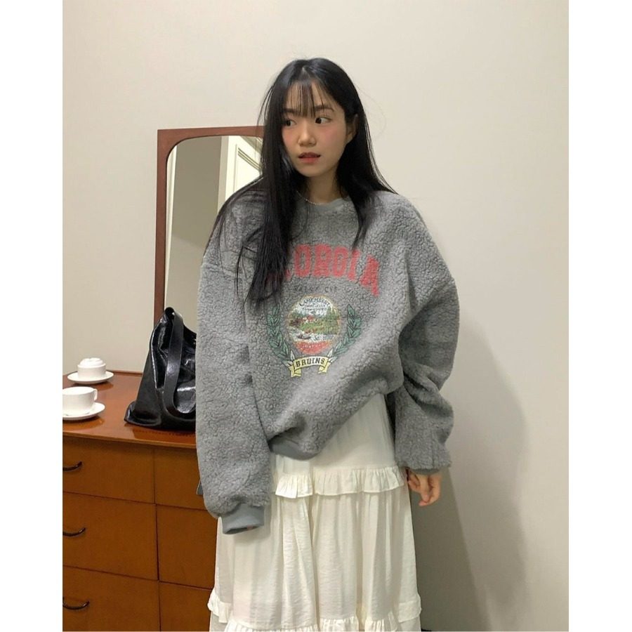 PPSHD 韩版字母印花羊羔毛卫衣女秋冬新款宽松加厚保暖套头上衣