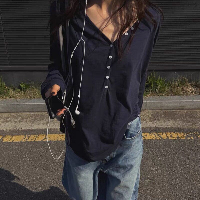 PPSHD|韩系宽松BF风百搭小众时尚纽扣装饰长袖T