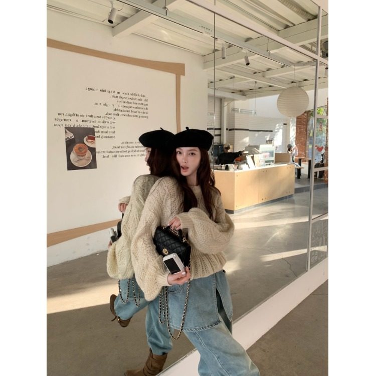 PPSHD慵懒感小众韩国东大门设计感镂空粗针套头灯笼袖毛衣上衣
