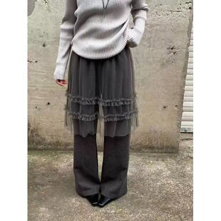宽松百搭假两件裙裤 PPSHDins网纱花边拼接屁帘直筒腿裤 女2025冬季