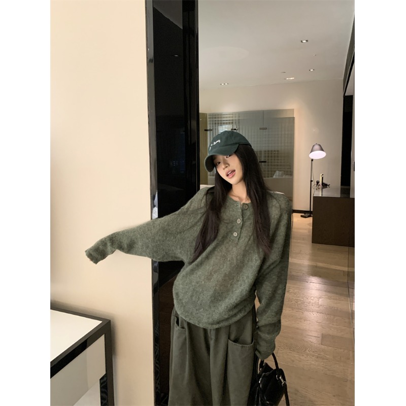 PPSHD 秋冬复古慵懒感绿色宽松休闲蝙蝠袖套头毛衣