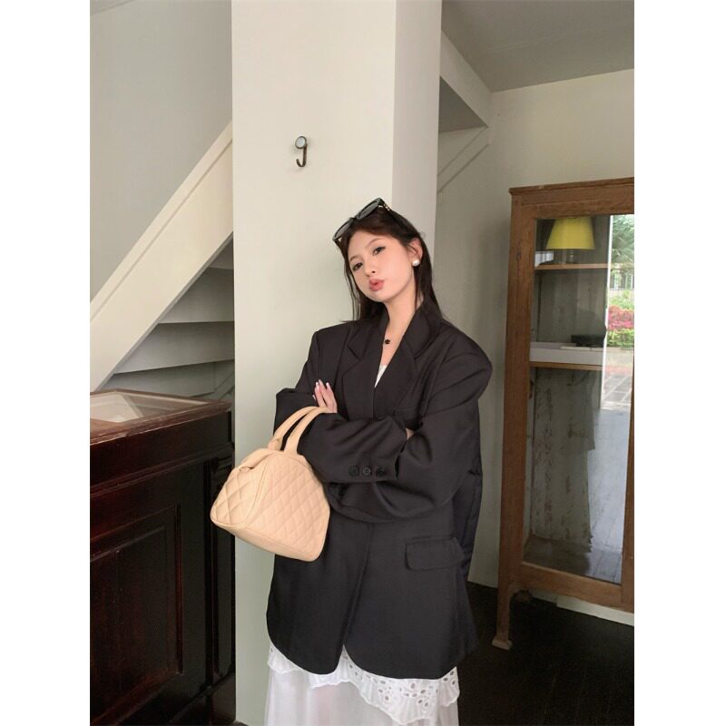 PPSHD| 高级经典垂感黑色西装休闲春装西服外套+白色镂空连衣裙