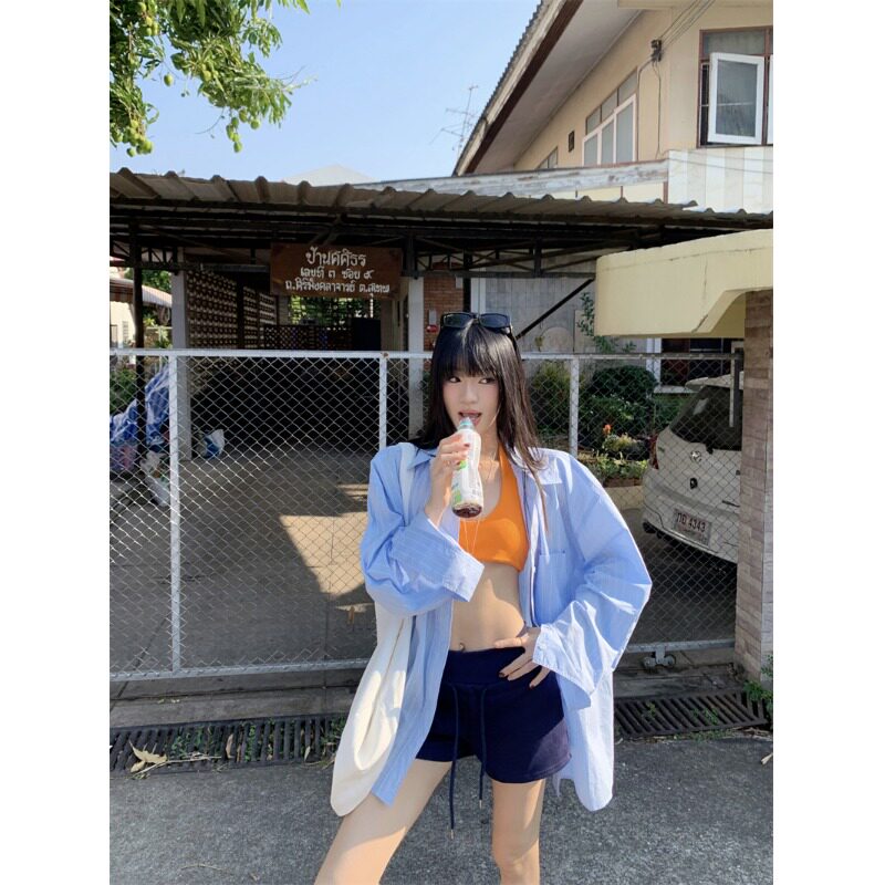 PPSHD｜现男友风夏季出行b备长袖蓝条纹防晒大版衬衫