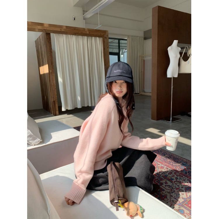 PPSHD百搭奶粉色Polo领毛衣百搭半身裙套装