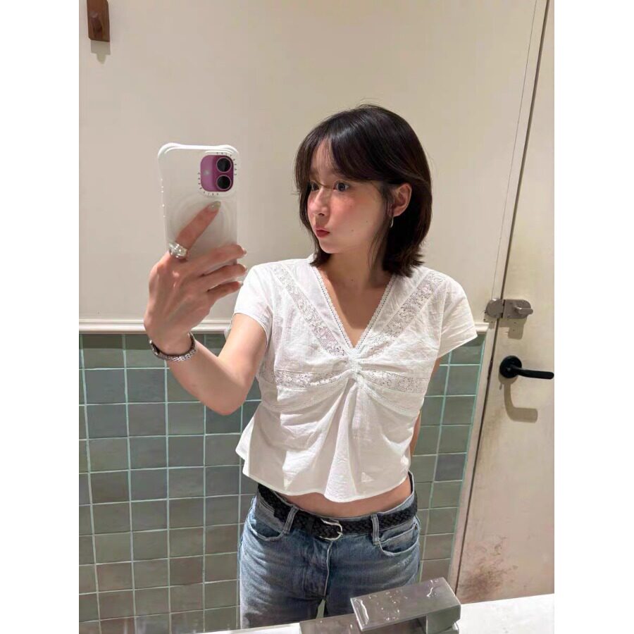 PPSHD｜安利一万次蕾丝拼接v领短袖衬衫韩女轻薄褶皱白色雪纺衫