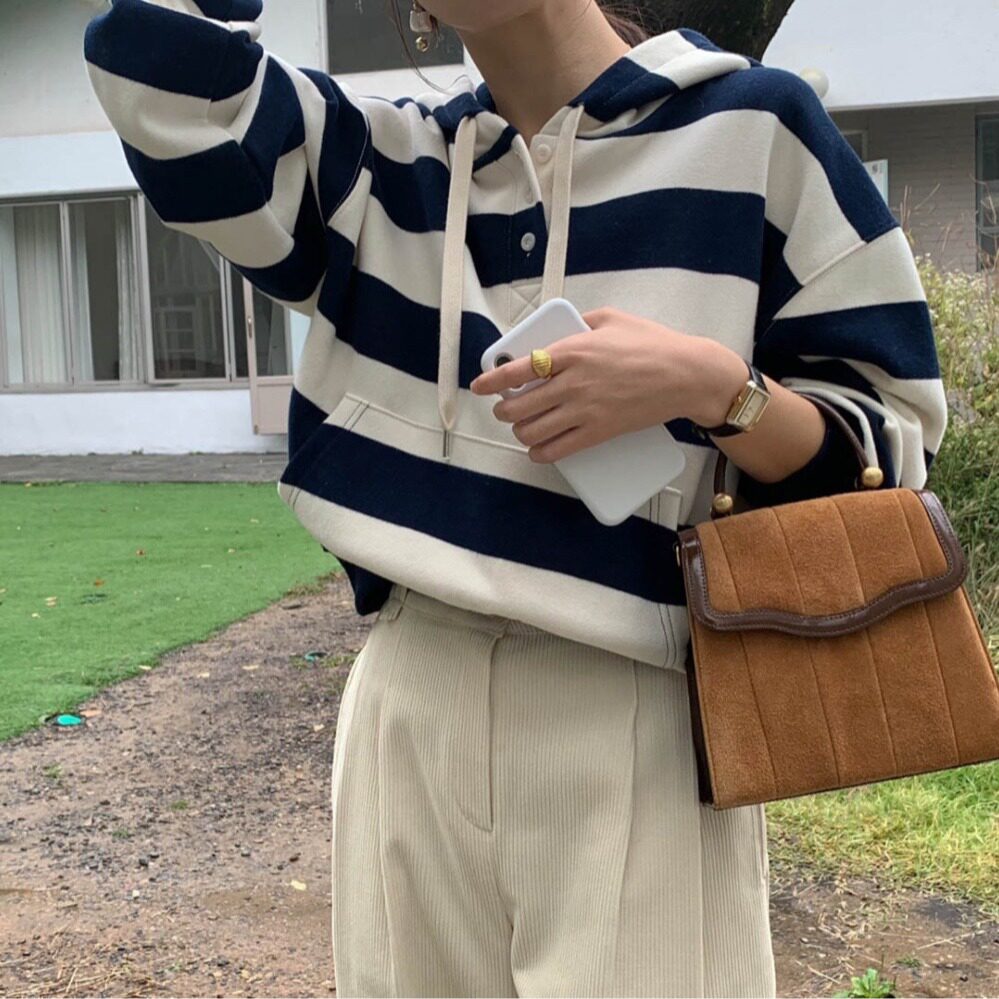 PPSHD｜韩国chic 条纹连帽卫衣女设计感小众初秋高级感慵懒上衣潮