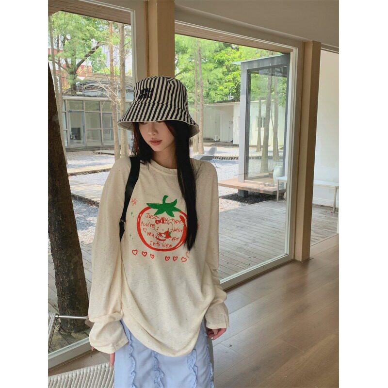PPSHD| 慵懒风宽松印花长袖T恤上衣+花边装饰半身裙套装
