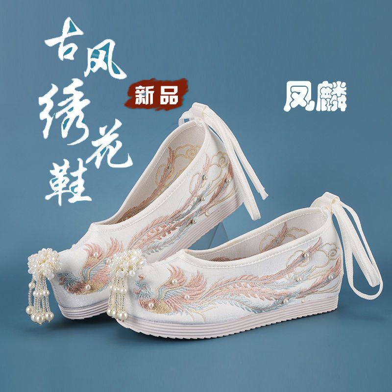 明制汉服鞋坡跟古风中式女鞋软底内增高民族风绣花布鞋女学生百搭