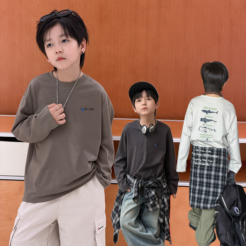 依依妈儿童全棉宽松T恤2026夏秋新款男童百搭字母打底衫长袖衣服图片