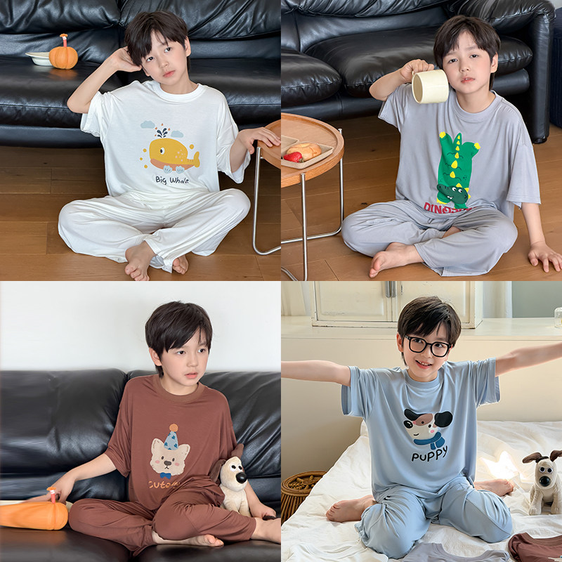 依依妈男童卡通莫代尔家居服儿童夏装薄款短袖t恤裤子睡衣套装潮