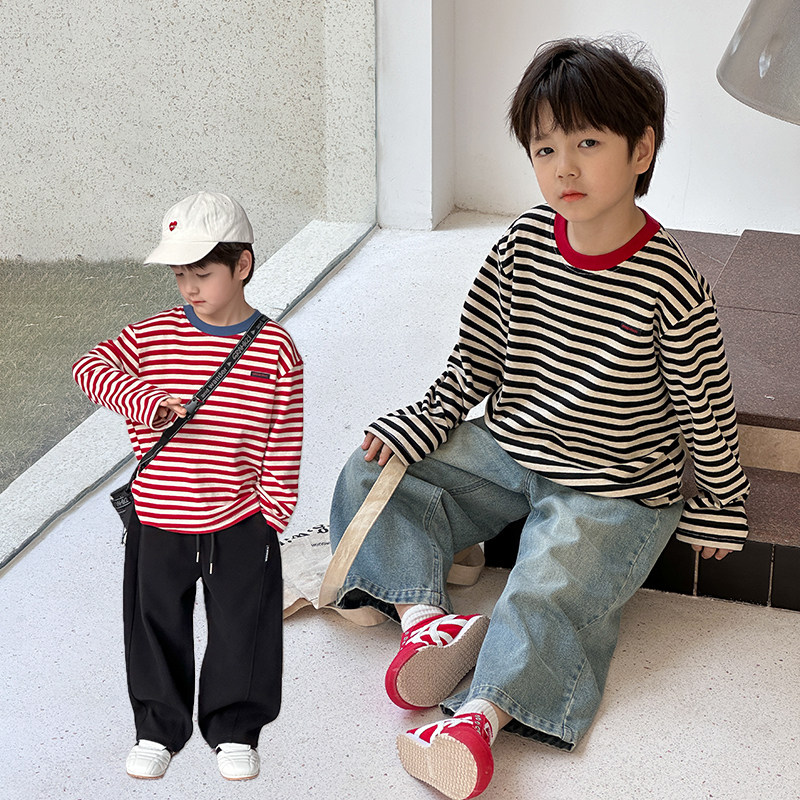 依依妈男童字母印花撞色条纹长袖t恤儿童春装宝宝宽松圆领打底衫