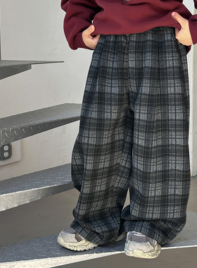 依依妈男童加绒格子休闲裤儿童冬装宝宝外穿童装宽松直筒保暖裤子