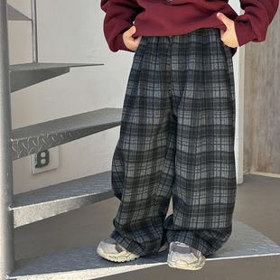 依依妈男童加绒格子休闲裤儿童冬装宝宝外穿童装宽松直筒保暖裤子