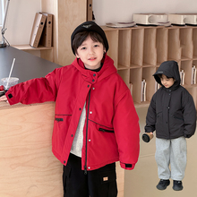 依依妈男童防水仿兔毛加绒连帽冲锋衣儿童冬装外套宝宝红色拜年服