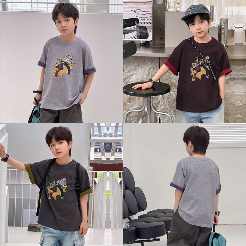 依依妈男童全棉短袖t恤儿童夏装宝宝宽松薄款撞色卡通印花打底衫