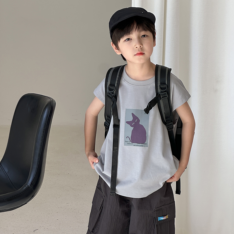 男童字母卡通猫咪印花全棉背心
