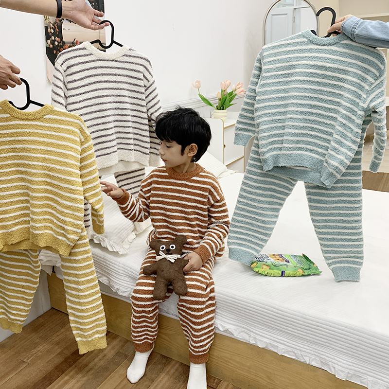 依妈男童毛绒条纹家居服睡衣套装