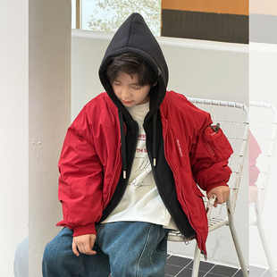 依依妈男童字母夹棉加厚拼接连帽假两件外套儿童冬装宝宝拜年棉服