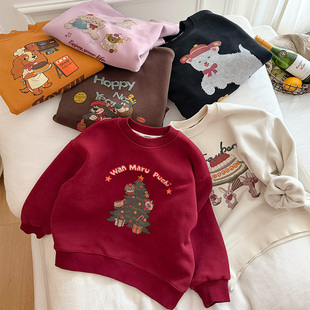 依依妈男童字母卡通印花加绒卫衣儿童冬装宝宝拜年服套头打底衫潮