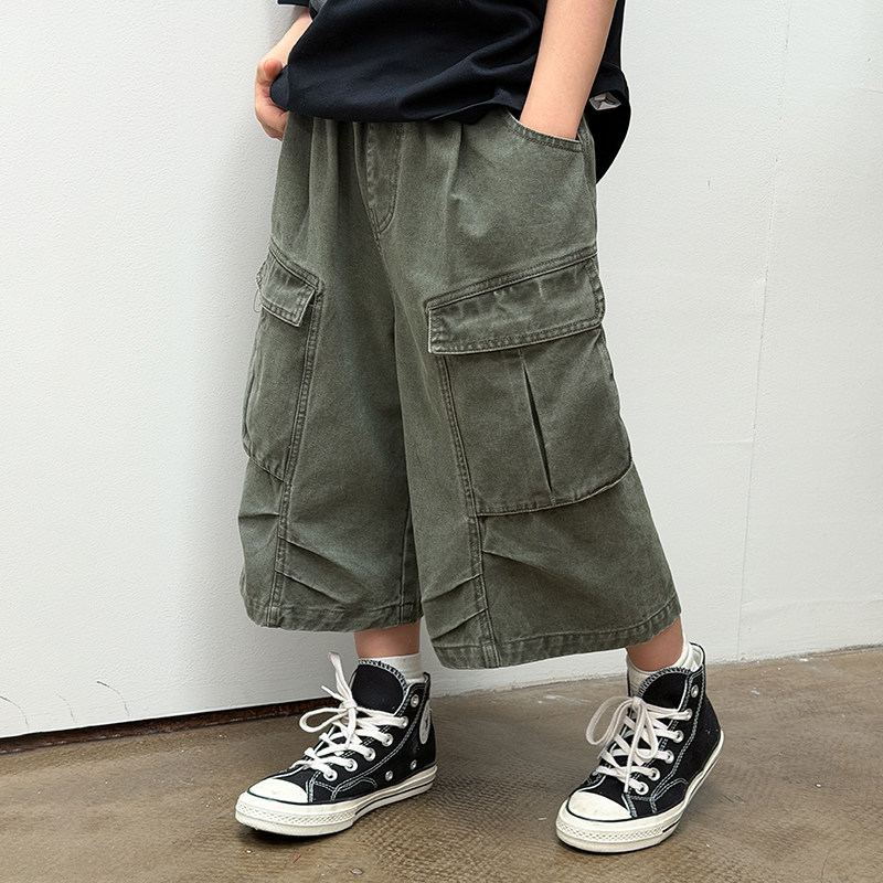 依依妈男童全棉工装七分裤儿童夏装薄款宝宝拼接砂洗直筒休闲裤