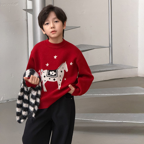 依依妈男童加厚小马针织毛衣