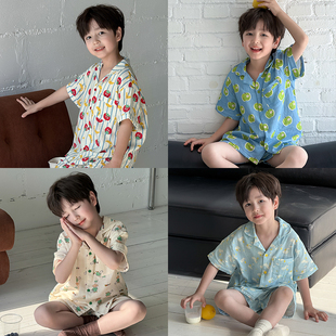 男童水果动物印花短袖开衫短裤家居服套装儿童夏装薄款空调服睡衣